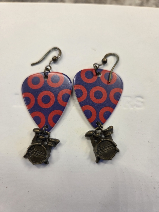 Jewelry - Phish Donut Guitar Pick Dangle Earrings with Drum Charms - Blue & Red